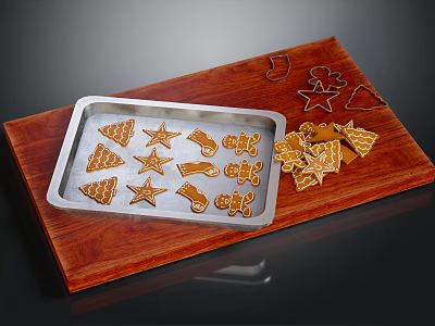 Freshly Baked Gingerbread Cookies on Baking Tray with Wooden Cutting Board and Star Shapes 3d model