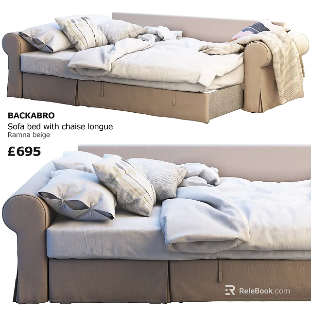 Ranna Beige Sofa Bed With Chaise Longue And Comfortable Bedding Design 3d model 