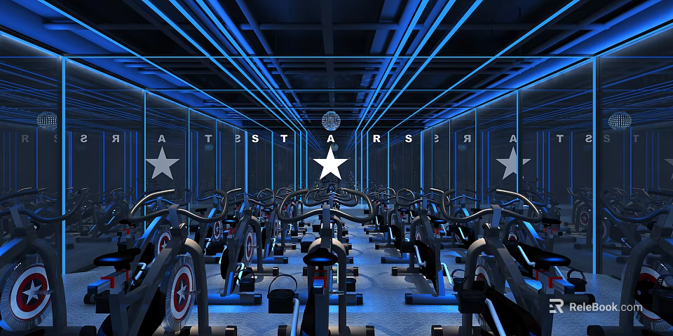 Modern Gym Interior With Exercise Bikes Blue Lighting And Star Logos For Sports Fitness 3d model 