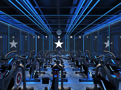 Modern Gym Interior With Exercise Bikes Blue Lighting And Star Logos For Sports Fitness 3d model