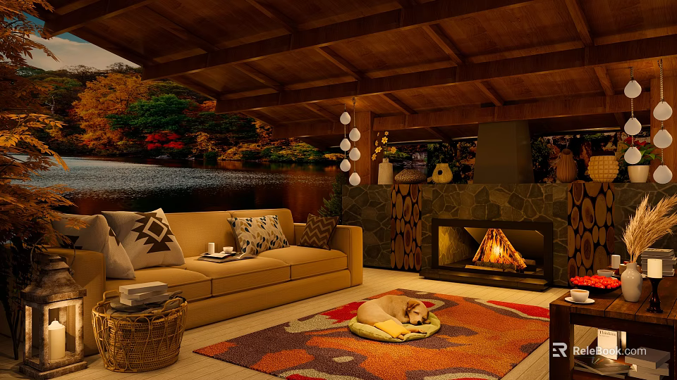 Warm Cozy Rustic Living Room With Wooden Ceiling Plush Beige Sofa And Burning Fireplace 3d model 