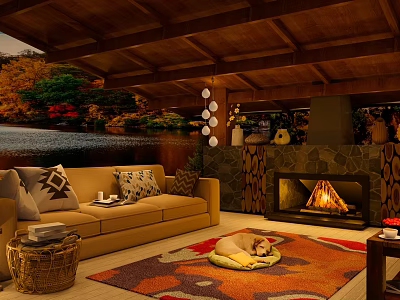 Warm Cozy Rustic Living Room With Wooden Ceiling Plush Beige Sofa And Burning Fireplace 3d model