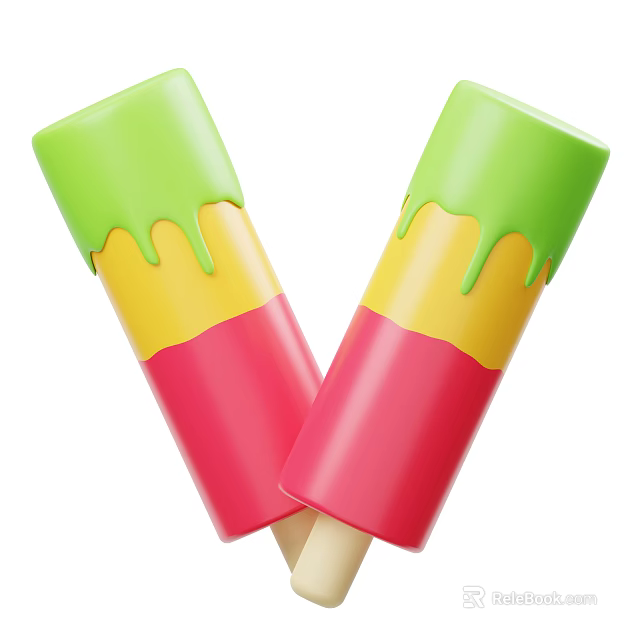 Colorful Layered Ice Pops With Dripping Green Top And Yellow Red Layers On Wooden Sticks 3d model 
