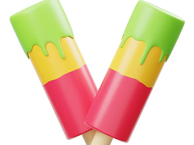 Colorful Layered Ice Pops With Dripping Green Top And Yellow Red Layers On Wooden Sticks 3d model