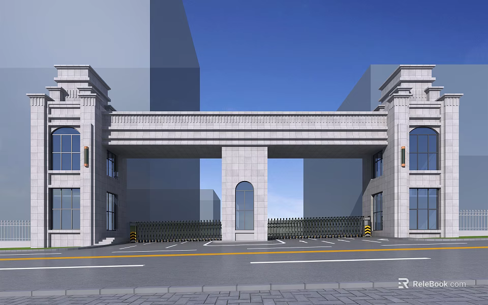 Grand Classical Entrance Gate With Stone Pillars Archway Windows And Building Facade 3d model 