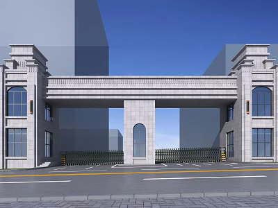 Grand Classical Entrance Gate With Stone Pillars Archway Windows And Building Facade 3d model