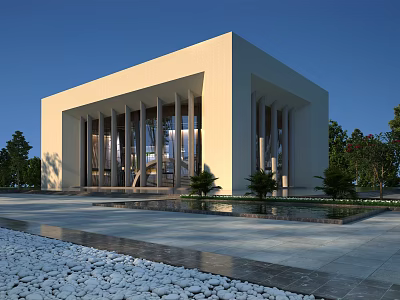 Modern White Building Featuring Glass Facade Columns Open Courtyard Trees And Stone Pavement 3d model