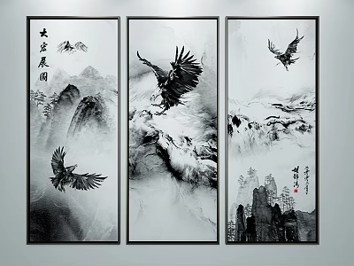 Chinese Ink Paintings With Flying Eagles Mountain Landscapes And Calligraphy Art 3d model