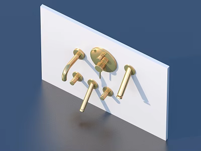 Golden Faucet Components Displayed On White Board With Blue Background 3d model