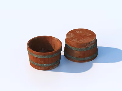 Two Wooden Barrels With Striped Bands As Practical Household Storage Items 3d model
