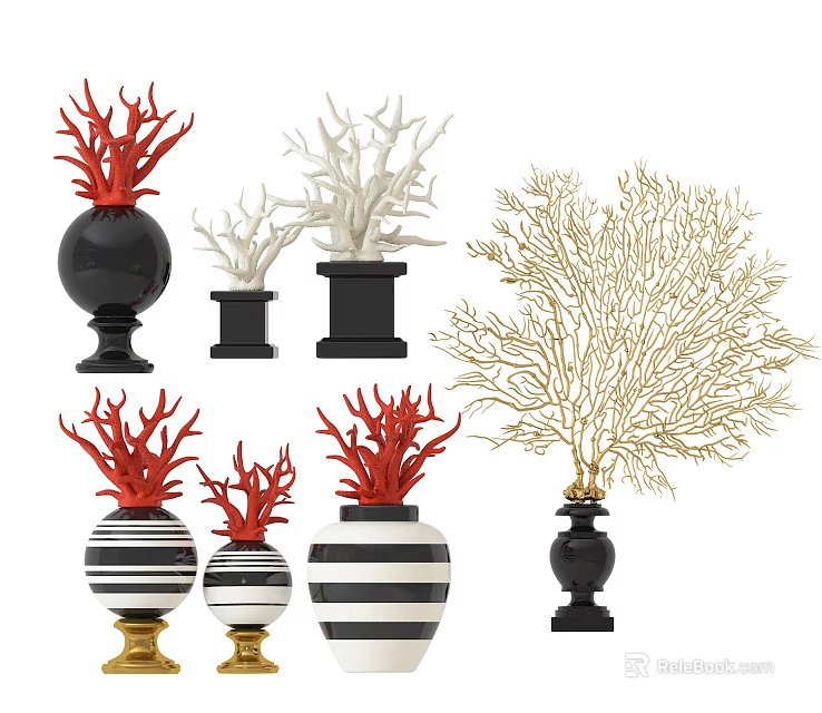 Coral Ornament Set With Red White Gold Decorative Vases And Striped Design 3d model 