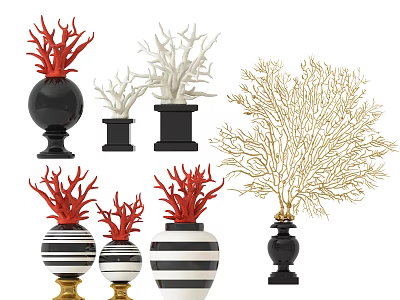 Coral Ornament Set With Red White Gold Decorative Vases And Striped Design 3d model