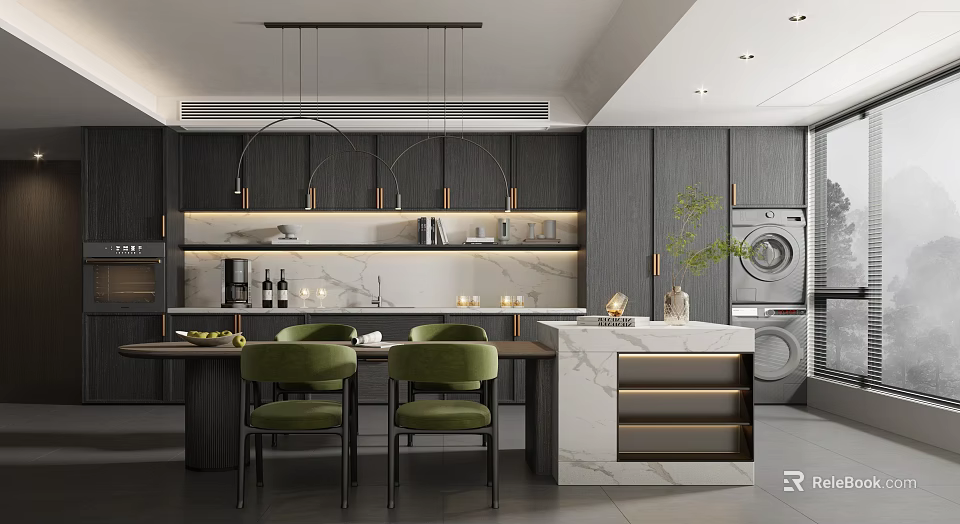 Modern Restaurant Kitchen Interior With Dark Cabinets Marble Countertops Green Chairs And Hanging Lights 3d model 