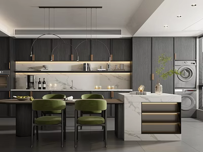 Modern Restaurant Kitchen Interior With Dark Cabinets Marble Countertops Green Chairs And Hanging Lights 3d model