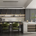 Modern Restaurant Kitchen Interior With Dark Cabinets Marble Countertops Green Chairs And Hanging Lights