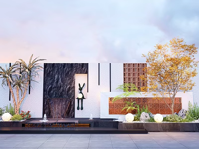 Outdoor Feature Wall With Black Marble White Frame Decorative Lighting Palm Trees And Round Lights 3d model