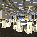 Elegant Banquet Hall Setup With White Tablecloths Golden Chandeliers And Flower Decorations