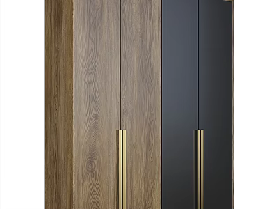 Modern Wooden Wardrobe With Natural Wood Grain Black Panels And Golden Handles 3d model