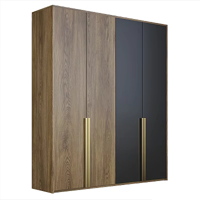 Modern Wooden Wardrobe With Natural Wood Grain Black Panels And Golden Handles 3d model