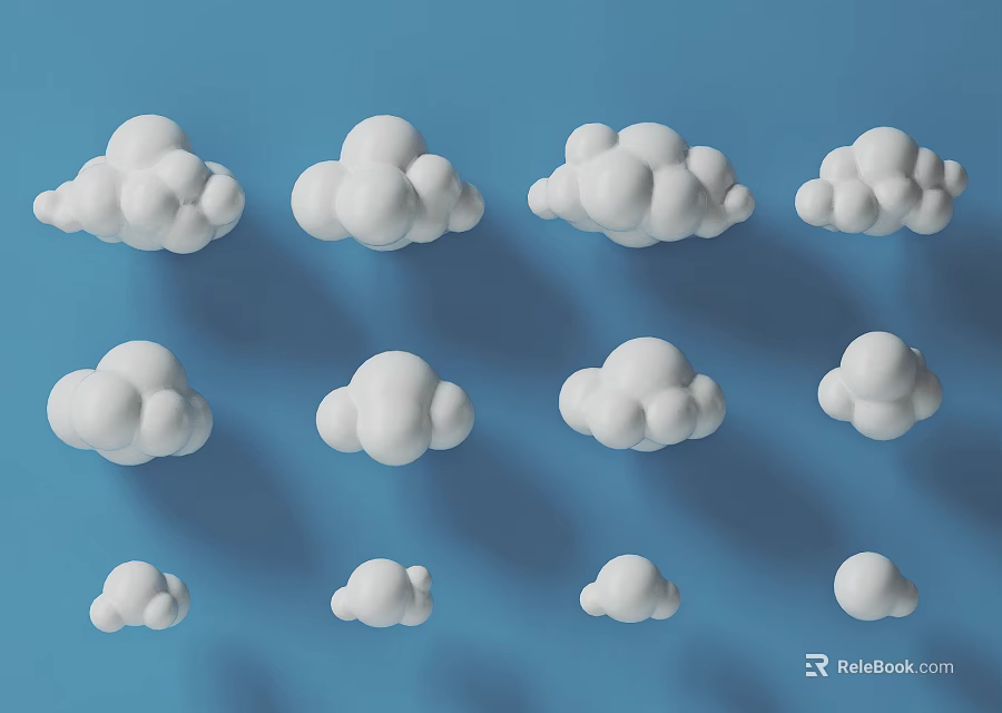 Decorative White Cloud Shaped Ornaments in Various Sizes Arranged on Blue Background 3d model 
