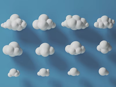 Decorative White Cloud Shaped Ornaments in Various Sizes Arranged on Blue Background 3d model