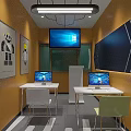 School Modern Classroom With Yellow Walls Multiple Computers Desks And Whiteboard 3d model
