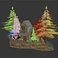 Cartoon Scene with Cozy House Green Pine Trees and White Car on Grass
