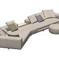 Modern Beige Irregular Shaped Sofa With Multiple Cushions Round Ottoman And Wooden Side Table 3d model