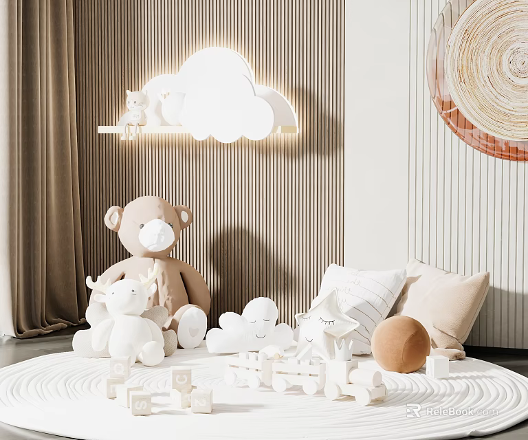 Cute Plush Stuffed Toys In Kids Room With Cloud Lamp Alphabet Blocks And Pillows 3d model 