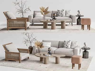 Modern Sofa And Coffee Table Set With Woven Accent Chair Decorative Pillows And Side Tables 3d model