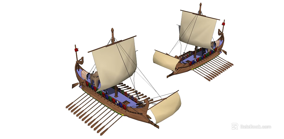 Two Ancient Sailing Ships With White Sails Wooden Hulls And Oars 3d model 
