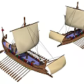 Two Ancient Sailing Ships With White Sails Wooden Hulls And Oars