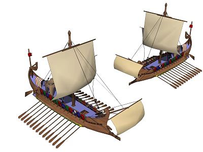 Two Ancient Sailing Ships With White Sails Wooden Hulls And Oars 3d model