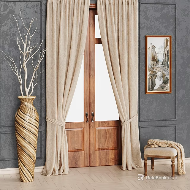 Beige Curtains with Wooden Double Doors Gray Wall Decorative Vase Painting and Small Stool 3d model 