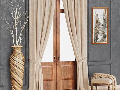 Beige Curtains with Wooden Double Doors Gray Wall Decorative Vase Painting and Small Stool 3d model