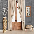 Beige Curtains with Wooden Double Doors Gray Wall Decorative Vase Painting and Small Stool