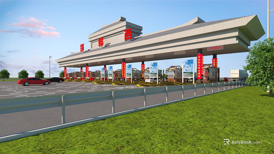 Highway Service Area Featuring Traditional Chinese Architecture Green Lawns And Parking Spaces 3d model 