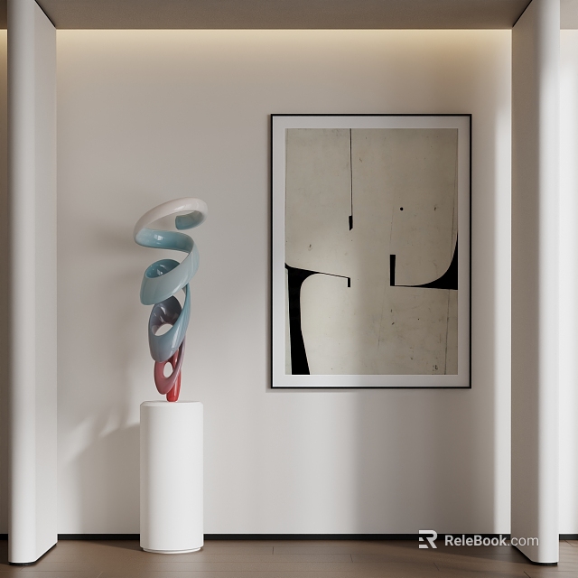 Spiral Sculpture With White Blue Red Hues On White Pedestal Near Abstract Painting 3d model 