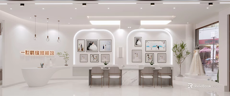 Elegant Modern Open Dining Room With White Marble Table Wall Art And Green Plants 3d model 