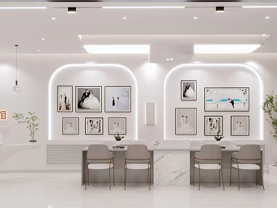 Elegant Modern Open Dining Room With White Marble Table Wall Art And Green Plants 3d model