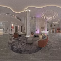 Modern Elegant Shop Front Desk With Marble Wall Chandelier Sofa Rug And Bookshelf