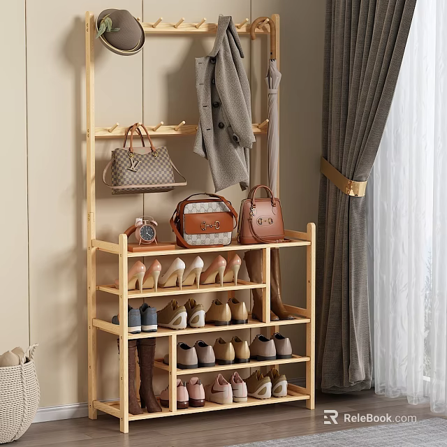 Multi Tiered Wooden Storage Shelf with Hanging Clothes Handbags and Shoes for Entryway 3d model 