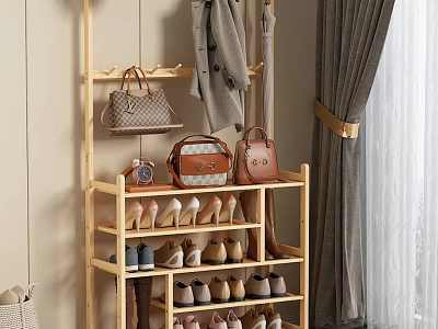 Multi Tiered Wooden Storage Shelf with Hanging Clothes Handbags and Shoes for Entryway 3d model