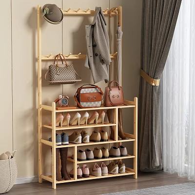 Multi Tiered Wooden Storage Shelf with Hanging Clothes Handbags and Shoes for Entryway 3d model