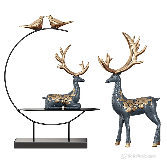 Modern Decorative Ornament Set With Gold Blue Metal Deer Figurines Floral Accents And Stand 3d model 