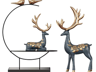 Modern Decorative Ornament Set With Gold Blue Metal Deer Figurines Floral Accents And Stand 3d model