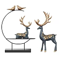 Modern Decorative Ornament Set With Gold Blue Metal Deer Figurines Floral Accents And Stand