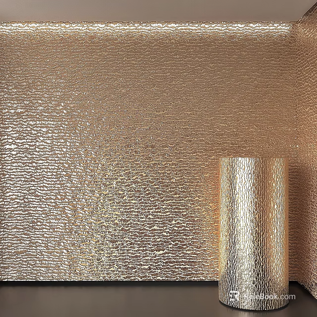 Shiny Metallic Cylindrical Component Next To Gold Textured Wall Surface Design 3d model 