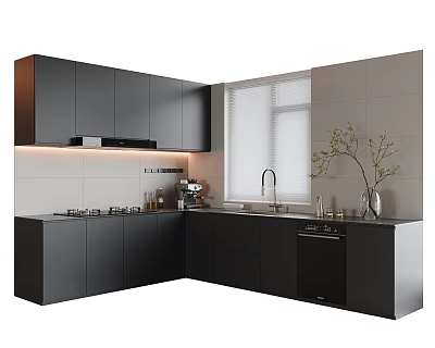 Modern Black L Shaped Kitchen Cabinets With Sink Stove And Window 3d model