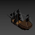 Wooden Pirate Ship With Black Sails Masts And Jolly Roger Flag